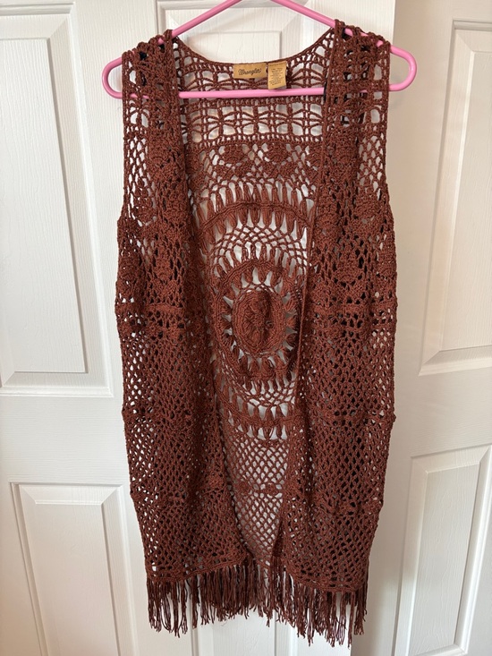 Wrangler Tops - NWOT Beautiful Wrangler Brand Crochet Fringe Open Front Vest in Rich Brown M
